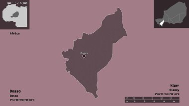 Dosso 'nun şekli, Nijer Bölümü ve başkenti. Uzaklık ölçeği, ön gösterimler ve etiketler. Renkli yükseklik haritası. 3B görüntüleme