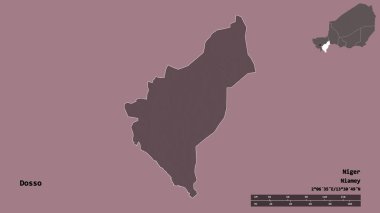 Dosso 'nun şekli, Nijer Bölümü, sermayesi sağlam arka planda izole edilmiş. Uzaklık ölçeği, bölge önizlemesi ve etiketleri. Renkli yükseklik haritası. 3B görüntüleme