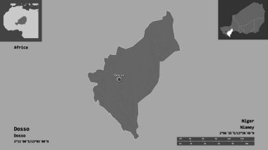 Dosso 'nun şekli, Nijer Bölümü ve başkenti. Uzaklık ölçeği, ön gösterimler ve etiketler. Çift seviyeli yükseklik haritası. 3B görüntüleme