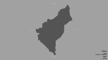 Dosso bölgesi, Nijer departmanı, jeoreferatlı bir sınır kutusunda sağlam bir arka planda izole edilmiş. Etiketler. Çift seviyeli yükseklik haritası. 3B görüntüleme