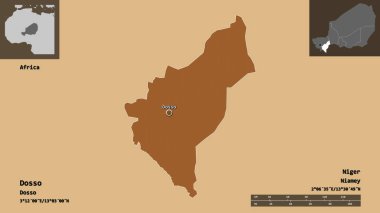 Dosso 'nun şekli, Nijer Bölümü ve başkenti. Uzaklık ölçeği, ön gösterimler ve etiketler. Düzenli desenli dokuların bileşimi. 3B görüntüleme