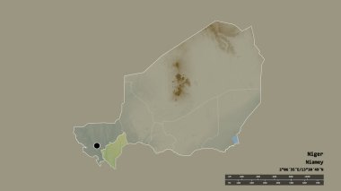 Başkenti, ana bölgesel bölünmesi ve ayrılmış Dosso bölgesiyle Nijer 'in dejenere edilmiş şekli. Etiketler. Topografik yardım haritası. 3B görüntüleme
