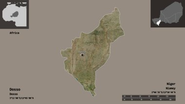 Dosso 'nun şekli, Nijer Bölümü ve başkenti. Uzaklık ölçeği, ön gösterimler ve etiketler. Uydu görüntüleri. 3B görüntüleme