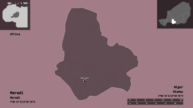 Maradi 'nin şekli, Nijer Bölümü ve başkenti. Uzaklık ölçeği, ön gösterimler ve etiketler. Renkli yükseklik haritası. 3B görüntüleme
