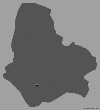Nijer departmanı Maradi 'nin şekli, sermayesi katı renk arka planında izole edilmiş. Çift seviyeli yükseklik haritası. 3B görüntüleme