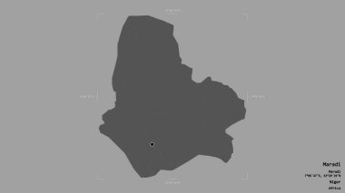 Maradi bölgesi, Nijer departmanı, jeoreferatlı bir sınır kutusunda sağlam bir arka planda izole edilmiş. Etiketler. Çift seviyeli yükseklik haritası. 3B görüntüleme