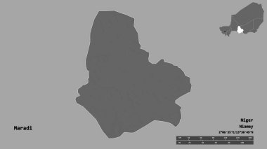 Nijer departmanı Maradi 'nin şekli, sermayesi sağlam arka planda izole edilmiş. Uzaklık ölçeği, bölge önizlemesi ve etiketleri. Çift seviyeli yükseklik haritası. 3B görüntüleme