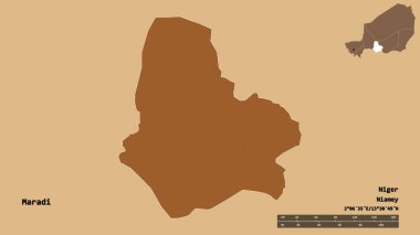 Nijer departmanı Maradi 'nin şekli, sermayesi sağlam arka planda izole edilmiş. Uzaklık ölçeği, bölge önizlemesi ve etiketleri. Düzenli desenli dokuların bileşimi. 3B görüntüleme