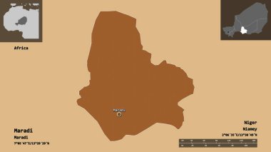 Maradi 'nin şekli, Nijer Bölümü ve başkenti. Uzaklık ölçeği, ön gösterimler ve etiketler. Düzenli desenli dokuların bileşimi. 3B görüntüleme