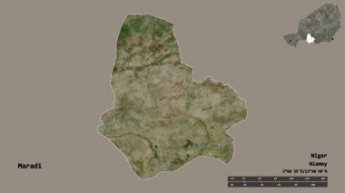 Nijer departmanı Maradi 'nin şekli, sermayesi sağlam arka planda izole edilmiş. Uzaklık ölçeği, bölge önizlemesi ve etiketleri. Uydu görüntüleri. 3B görüntüleme