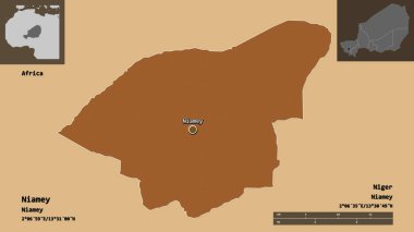 Niamey 'nin şekli, Nijer' in başkenti ve başkenti. Uzaklık ölçeği, ön gösterimler ve etiketler. Düzenli desenli dokuların bileşimi. 3B görüntüleme