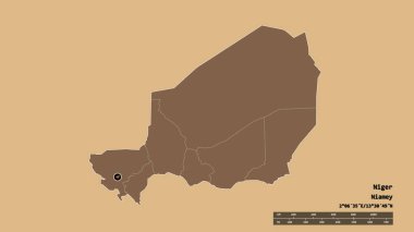 Başkenti, ana bölgesel bölünmesi ve ayrılmış Niamey bölgesiyle Nijer 'in dejenere edilmiş şekli. Etiketler. Düzenli desenli dokuların bileşimi. 3B görüntüleme