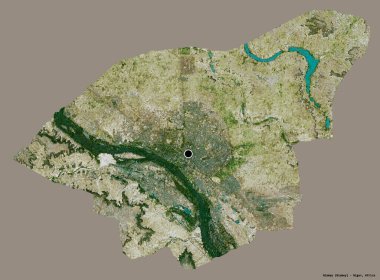 Niamey 'nin şekli, Nijer' in başkenti, sermayesi katı renk arkaplanı ile izole edilmiş. Uydu görüntüleri. 3B görüntüleme