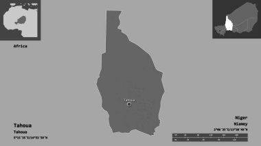 Tahoua 'nın şekli, Nijer Bölümü ve başkenti. Uzaklık ölçeği, ön gösterimler ve etiketler. Çift seviyeli yükseklik haritası. 3B görüntüleme