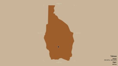 Tahoua bölgesi, Nijer departmanı, katı bir arka planda izole edilmiş bir sınır kutusunda. Etiketler. Desenli dokuların bileşimi. 3B görüntüleme