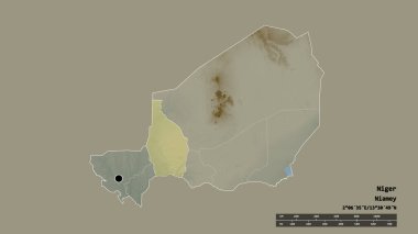 Başkenti, ana bölgesel bölünmesi ve ayrılmış Tahoua bölgesiyle Nijer 'in dejenere edilmiş şekli. Etiketler. Topografik yardım haritası. 3B görüntüleme