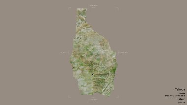 Tahoua bölgesi, Nijer departmanı, katı bir arka planda izole edilmiş bir sınır kutusunda. Etiketler. Uydu görüntüleri. 3B görüntüleme