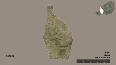 Tahoua 'nın şekli, Nijer Bölümü, sermayesi sağlam arka planda izole edilmiş. Uzaklık ölçeği, bölge önizlemesi ve etiketleri. Uydu görüntüleri. 3B görüntüleme