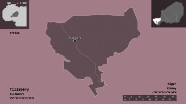 Tillabery, Nijer Bölümü ve başkenti. Uzaklık ölçeği, ön gösterimler ve etiketler. Renkli yükseklik haritası. 3B görüntüleme
