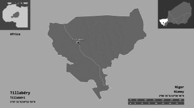 Tillabery, Nijer Bölümü ve başkenti. Uzaklık ölçeği, ön gösterimler ve etiketler. Çift seviyeli yükseklik haritası. 3B görüntüleme