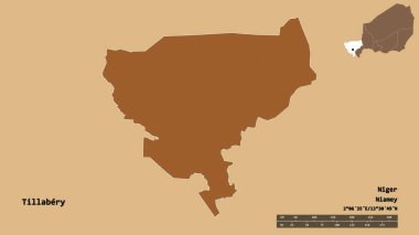 Tillabery 'nin şekli, Nijer Bölümü, sermayesi sağlam arka planda izole edilmiş. Uzaklık ölçeği, bölge önizlemesi ve etiketleri. Düzenli desenli dokuların bileşimi. 3B görüntüleme