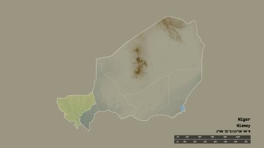 Başkenti, ana bölgesel bölümü ve ayrılmış Tillabery bölgesiyle Nijer 'in dejenere edilmiş şekli. Etiketler. Topografik yardım haritası. 3B görüntüleme