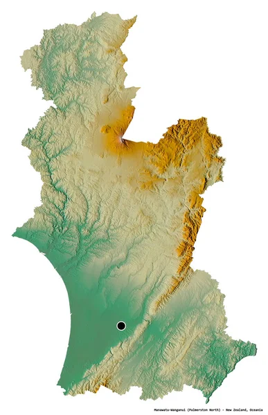 新西兰区域委员会Manawatu Wanganui的形状 其首都因白人背景而孤立 地形浮雕图 3D渲染 — 图库照片