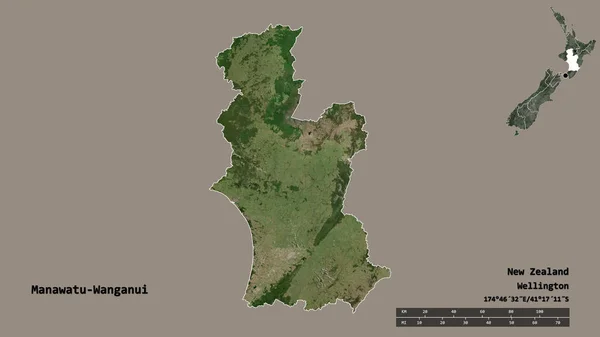 新西兰区域委员会Manawatu Wanganui的形状 其首都在坚实的背景下与世隔绝 距离尺度 区域预览和标签 卫星图像 3D渲染 — 图库照片