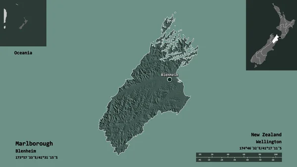 马尔博罗的形状 新西兰的单一政权 及其首都 距离刻度 预览和标签 彩色高程图 3D渲染 — 图库照片