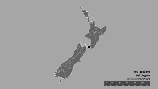 Zéland Kiszáradt Alakja Fővárosával Regionális Körzettel Szétválasztott Marlborough Területtel Címkék — Stock Fotó