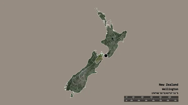 主要な地域部門と分離されたマールボロ地域でニュージーランドの荒廃した形 ラベル 衛星画像 3Dレンダリング — ストック写真