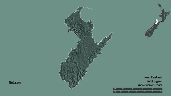 尼尔森的形状 新西兰的单一政权 其首都孤立的坚实的背景 距离尺度 区域预览和标签 彩色高程图 3D渲染 — 图库照片