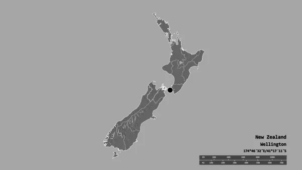 Forme Désaturée Nouvelle Zélande Avec Capitale Principale Division Régionale Région — Photo