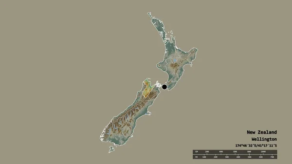 Forme Désaturée Nouvelle Zélande Avec Capitale Principale Division Régionale Région — Photo