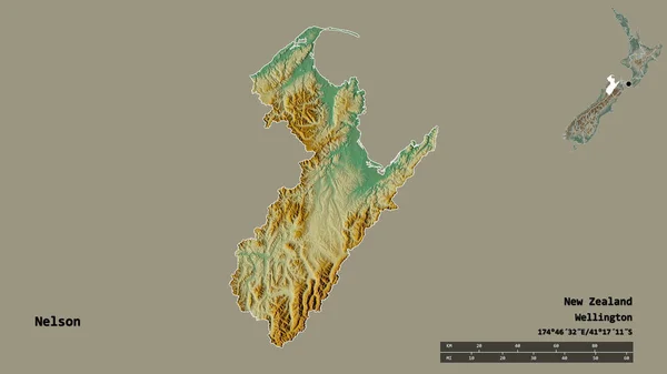 尼尔森的形状 新西兰的单一政权 其首都孤立的坚实的背景 距离尺度 区域预览和标签 地形浮雕图 3D渲染 — 图库照片
