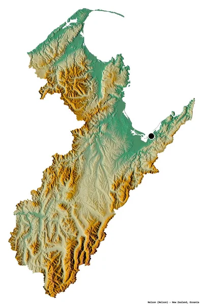 尼尔森的形状 新西兰的单一政权 其首都被白色背景隔离 地形浮雕图 3D渲染 — 图库照片