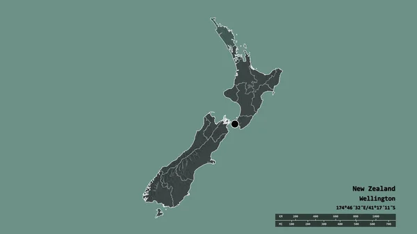 Desaturerad Form Nya Zeeland Med Dess Huvudstad Huvudsakliga Regionala Indelning — Stockfoto