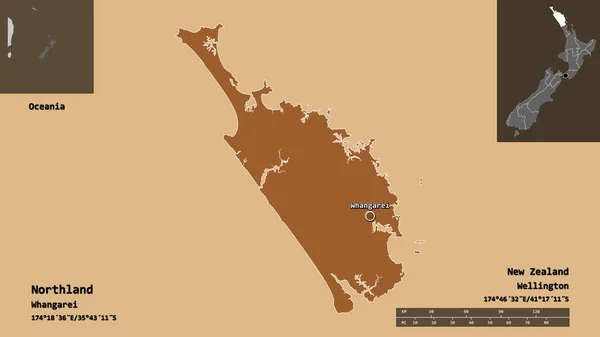 ノースランドの形状 ニュージーランドの地域評議会 およびその首都 距離スケール プレビューおよびラベル 規則的にパターン化されたテクスチャの構成 3Dレンダリング — ストック写真