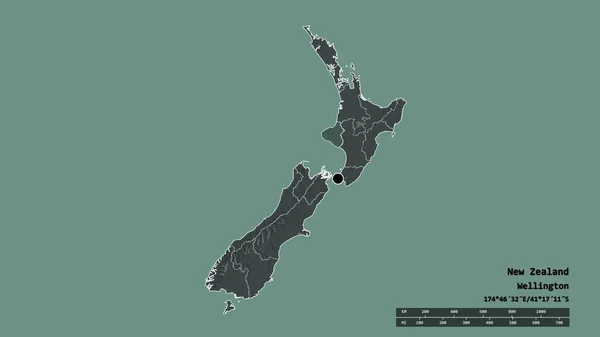 主要な地域部門と分離したタラナキ地域とニュージーランドの荒廃した形 ラベル 色の標高マップ 3Dレンダリング — ストック写真
