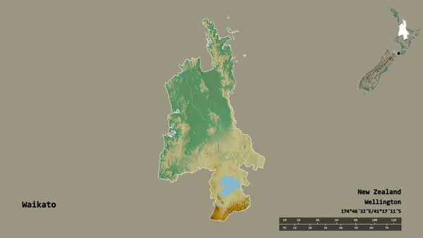 新西兰区域委员会Waikato的形状 其首都在坚实的背景下与世隔绝 距离尺度 区域预览和标签 地形浮雕图 3D渲染 — 图库照片