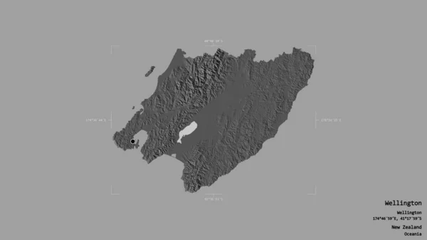 Area of Wellington, regional council of New Zealand, isolated on a solid background in a georeferenced bounding box. Labels. Bilevel elevation map. 3D rendering