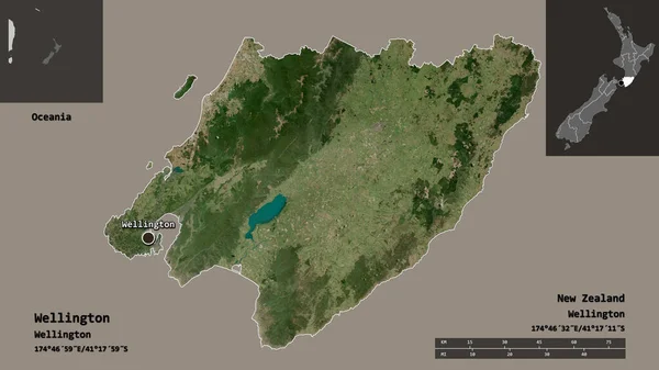 惠灵顿的形状 新西兰的地区议会 及其首都 距离刻度 预览和标签 卫星图像 3D渲染 — 图库照片