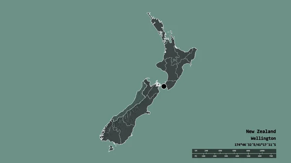Forme Désaturée Nouvelle Zélande Avec Capitale Principale Division Régionale Zone — Photo