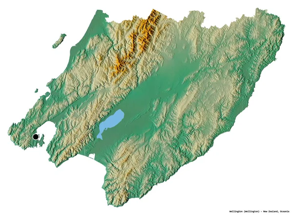 ニュージーランドの地方評議会であるウェリントンの形で その首都は白い背景に隔離されています 地形図 3Dレンダリング — ストック写真