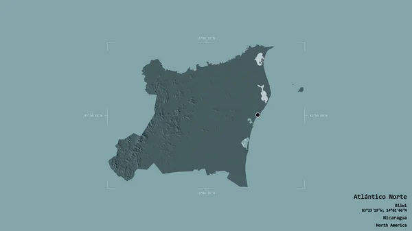 尼加拉瓜北部大西洋沿岸自治区的一个区域 在一个地理参照方块中被坚实的背景隔离 彩色高程图 3D渲染 — 图库照片