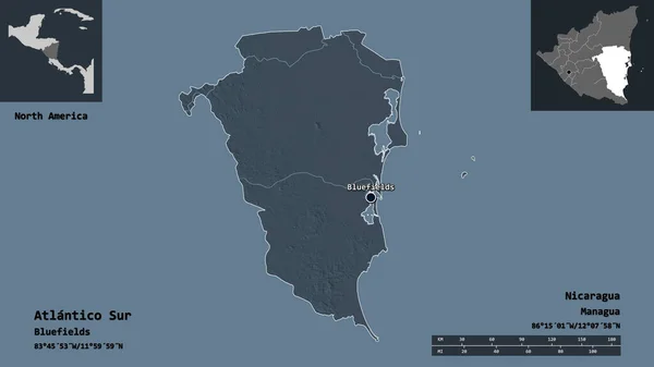 尼加拉瓜南部大西洋的形状 自治区及其首都 距离刻度 预览和标签 彩色高程图 3D渲染 — 图库照片