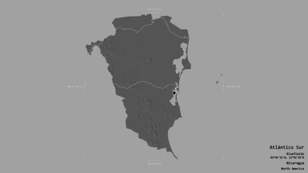 ニカラグアの自治区であるアトランティコ スールの地域は 洗練された境界線の箱の中にしっかりとした背景に隔離されている ラベル 標高マップ 3Dレンダリング — ストック写真