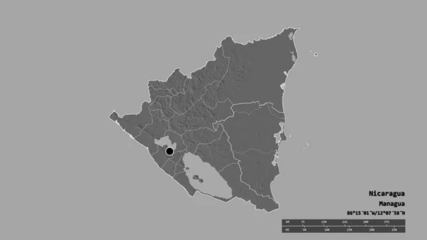 以首都 主要区域分部和分离的南大西洋地区为首都的尼加拉瓜的荒凉面貌 Bilevel高程图 3D渲染 — 图库照片