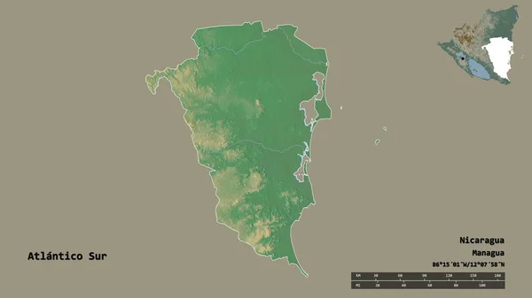 ニカラグアの自治州であるアトランティコ スールの形で その首都はしっかりとした背景に孤立している 距離スケール リージョンプレビュー およびラベル 地形図 3Dレンダリング — ストック写真