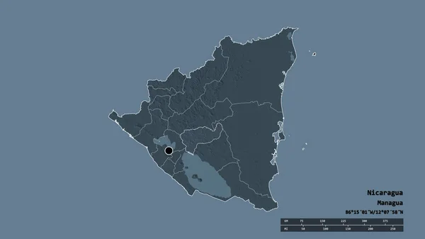 以首都 主要区域分部和分隔的博阿科地区为首都的尼加拉瓜的荒凉面貌 彩色高程图 3D渲染 — 图库照片